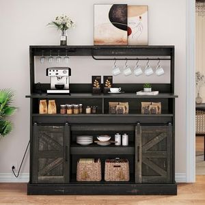 YITAHOME 52" Farmhouse Buffet Cabinet with Storage, Sliding Barn Door, Sideboard Cabinet with Goblet Holder, 5 Hooks and Power Outlets, Coffee Bar Cabinet for Kitchen, Living Room (Dark Rustic Oak)