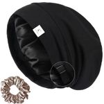 Candibella Silk Bonnet for Hair, Adjustable Slouchy Beanie for Men & Women, Silk Hair Cap for Sleeping, Night Cap (Black)