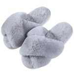 Evshine Women's Fuzzy Slippers Cross Band Memory Foam House Slippers Open Toe, Grey, 40-41 (Size 8.5-9.5)