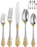 KEAWELL Luxury 65 Pieces 18/10 Stainless Steel Flatware set, Service for 12, silver plated with gold accents, Fine Silverware set and Dishwasher Safe