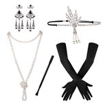 SAVITA 5pcs 1920s Flapper Accessories 20s Gatsby Costume Accessories Set for Women Headband Earrings Pearl Necklace Gloves Cigarette Holder Silver