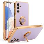 YIRSUR Case Compatible with Samsung Galaxy A14 4G/5G with 2 Screen Protector, with Ring Holder Plating Rose Gold Edge 360° Kickstand Cover Slim Soft Flexible TPU Protective Phone Case -Purple