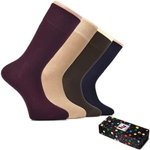 Hugh Ugoli Men's Rayon Dress Socks for Business & Trouser, Thin & Seamless Crew Socks, 4 Pairs with Gift Box, Assorted, Shoe Size: 8-12