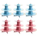 HEIHAK 6 Pack 3 Tier Cardboard Cupcake Stand, Pink and Blue Round Dessert Tower Cupcake Holder for Afternoon Tea, Birthday and Wedding