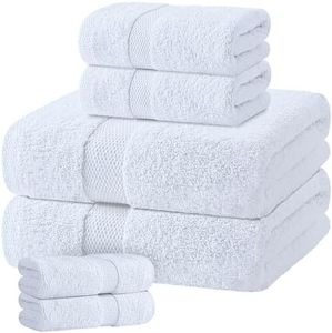 White Bath Towel Set of 6 - 100% Cotton Highly Absorbent Towels for Bathroom, 2 Luxury Bath Towels 650GSM, 2 Hand Towels, 2 Washcloths