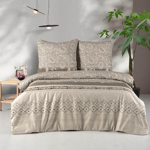 Juego de ropa de cama de 200 x 220 cm, color marrón, 3 piezas, algodón, funda de almohada cálida, estilo bohemio, con estampado geométrico, color beige, marrón, blanco, rayas y flores, color marrón