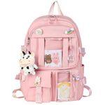 HORHEAR Kawaii Backpack for School, Cute Backpack with Kawaii Accessories Cartoon Brooch Pins and Stuffed Animal Pendant (Style 2 - Pink)