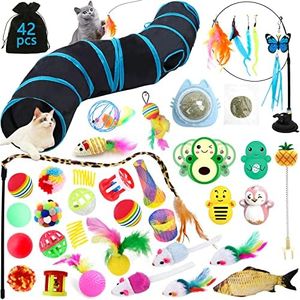 YUTUY Juguetes para Gatos, 42 Piezas Set de Juguetes con Túnel ,Palo Divertido,Ratones,Hierba Gatera,tumbler,Peces,Bolas y Campanas etc