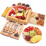 Bamboo Cheese Board and Knife Set Large Charcuterie Ceramic Bowls Wine Opener Cheese Servers - Wine Meat Cheese Tray Platter Perfect Choice for Gourmets, Birthday Wedding Gifts, Mothers & Housewarming