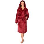 PAVILIA Plush Hooded Robe For Women | Wine Maroon Fluffy Soft Bathrobe With Hood | Fuzzy Warm Spa Robe, Cozy Fleece Long Robe | Satin Trim, Small-Medium