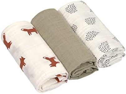 LÄSSIG Coperta Puck per neonati Panno di garza Set di 3 pezzi in cotone 60 x 60 cm/Swaddle & Burp Blanket M Little Forest Fox