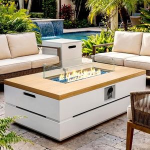 UPHA 50-inch Outdoor Patio Propane Gas Fire Pit Table 50000 BTU Concrete Round Firepit with ABS Tank Hidden Table, Wind Guard, Blue Glass Rocks, Rain Cover, Pure White Natural Wood Finish