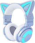 YOWU RGB Cat Ear Headphone 3G Wireless 5.0 Foldable Gaming Headset with 7.1 Surround Sound, Built-in Mic & Customizable Lighting and Effect via APP, Type-C Charging Audio Cable (Blue)