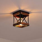 Rustic Farmhouse Flush Mount Ceiling Light 1-Light Metal and Wood Cage Mini Semi Flush Mount Light Fixture for Hallway Kitchen Entryway, Black