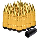 AllExtreme M12x1.5mm Wheel Nuts Close End Steel Aluminum Alloy Extended Lug Nut Set with Spike & Key for Cars Wheels Tyres (20Pcs, Gold Colour)