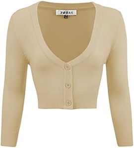 Women's Cropped Bolero Cardigan – 3/4 Sleeve V-Neck Basic Classic Casual Button Down Knit Soft Sweater Top (S-3XL) Taupe