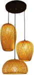 JIAODIE Rustic Rattan Pendant Light Farmhouse Bamboo Pendant Lamp 3-Lights Wicker Shade Basket Woven Chandelier Living Room Bar Dining Room Ceiling Hanging Lighting