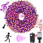 Tcamp 105FT 300 LED Purple Orange Halloween Decorations Lights Motion Activated Sync with 4 Scary Music, 6 Modes Halloween String Lights for Party Yard Outdoor Indoor Decor (3 Sets Connectable)