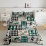 Erosebridal Western Bed Comforter Set Twin Country Cowboy Bedding Set Boho Skull Horse Quilt for Kids Boys Teen Men,Rustic Farmhouse Buffalo Plaid Down Comforter Black Green 1 Pillow Case