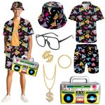 Retro 80s 90s Hip Hop Outfit for Adults, 80s Fancy Dress Set with Sportswear Shirt&Short, Hat Dollar Ring Necklace Bracelet Inflatable Radio Glasses, Beach Tracksuit for 80s Party Halloween Carnival