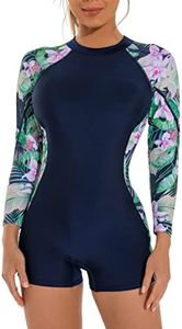 YATEEN Women Rash Guard Long Sleeve One Piece Swimsuit Surfing Bathing Suit UPF 50+ Athletic Swimwear, Boyleg-navy / Green, Medium