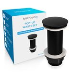 Bächlein Extra Long Universal Drain Fitting without Overflow (Matt Black) - Pop Up Valve for Countertop Washbasins