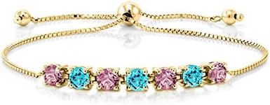 Gem Stone King 2.94 Ct Pink Lab Grown Diamond Swiss Blue Topaz 18K Yellow Gold Plated Silver Bracelet For Women
