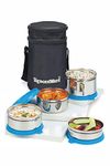 Signoraware Executive Stainless Steel Lunch Box Set 4 with bag | Stainless-Steel Leak-Proof Containers | Full Meal Boxes (Container Size 200mlx1 | 350mlx2 | 500mlx1 | Blue)