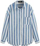 CIDER Santorini Beach Vacation Linen-blend Collar Striped Pocket Long Sleeve Shirt, Blue, X-Large