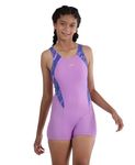 Speedo Girl's Recycled Endura Brite High Chlorine Resistance UPF 40+ Sun Protection Hyperboom Splice Muscleback Legsuit Swimwear - Sweet Purple & True Cobalt