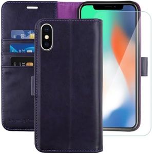 MONASAY Wallet Case Compatible for iPhone X/iPhone Xs, 5.8-inch, [Glass Screen Protector Included] [RFID Blocking] Flip Folio Leather Cell Phone Cover with Credit Card Holder,Purple