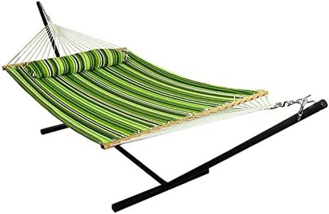 Sunnydaze Quilted Double Hammock with 12-Foot Stand and Pillow - 350-Pound Capacity - Black Stand - Melon Stripe