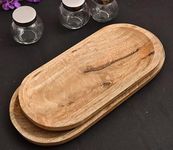 OGGN Natural Mango Wood Oval Serving Tray Set of 2, Handmade Wooden Serving Platters, Solid Tea Tea Breakfast Wood Plate, Trays for Kitchen, Dining Table - (Pack of 2)