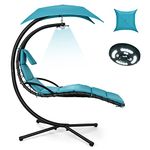 Tangkula Hanging Chaise Lounge, Outdoor Floating Hammock Chair with Detachable Canopy, 3 Light Settings, 28 LED Lights, Built-in Pillow, Freestanding Hammock Chair with Stand (Turquoise)