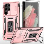 Asuwish Phone Case for Samsung Galaxy S22 Ultra 5G with Tempered Glass Screen Protector and Slide Camera Cover Magnetic Ring Holder Kickstand Slim S22ultra 22S S 22 S22ultra5g 6.8 Women Men Rose Gold