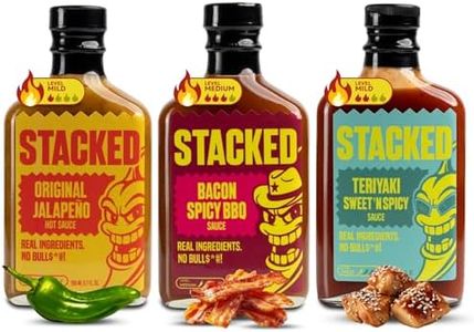Stacked Hot Sauce Variety Pack - Original Jalapeño, Bacon Spicy BBQ, and Teriyaki Sweet 'n Spicy - Pack of 3, 6.7 fl oz Each - Gourmet Condiment Made with Real Ingredients - Mild and Medium Heat Levels