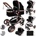 Baby Stroller 3 in 1 Pram Pushchair Buggy Child Lightweight Folding Stroller 3 in 1 Travel System Pram for Newborns Toddlers 0-36 Months from Birth Aluminium (Black - Rose Gold Frame)