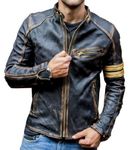 Mens Real Leather Biker Cafe Racer Vintage Motorcycle Distressed Black Genuine Leather Jacket (L)