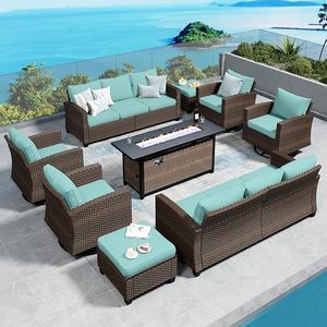 SUNSHINE VALLEY Swivel Glider Patio Furniture Set Outdoor Furniture Brown Wicker Rattan Patio Conversation Sets with Cushion Outside Sofa Set,8 Pieces with Rectangular Firepit Table,12 Seats,Blue