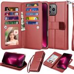 Njjex Wallet Case for iPhone 16 Pro Max 6.9" 2024, for iPhone 16 Pro Max Case, [9 Card Slots] PU Leather ID Credit Holder Folio Flip [Detachable] Kickstand Magnetic Phone Cover & Lanyard [Wine Red]