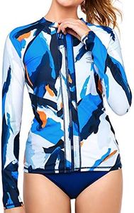 AXESEA Women Long Sleeve Rash Guard UPF 50+ UV Sun Protection Zip Front Swimsuit Shirt Printed Surfing Shirt Top,Multicoloured, US 4