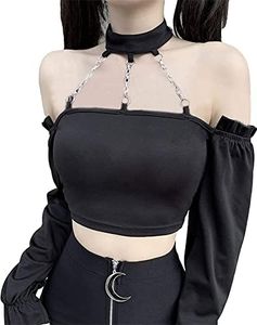 Dark Punk Crop Top with Chains Women Punk Off Shoulder Hollow Out Solid Backless Tops, 001-black, X-Large