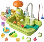 CUTE STONE Play Sink with Running Water, Kitchen Sink Toys with Upgraded Electric Faucet, Play Kitchen Toy Accessories, Pool Floating Fishing Toys for Water Play, Kids Role Play Dishwasher Toy