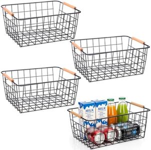 LeleCAT Wire Baskets with Wooden Handles, Wire Storage Organizer Baskets , Household Refrigerator for Cabinets, Pantry, Closets, Bedrooms - Set of 4(Black