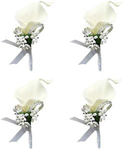 Yoanshop Calla Lily Creamy White Boutonniere Set of 4 Handmade Silk Flower with Ribbon Corsage for Bride Groom Wedding Party