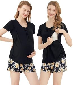 BambooBud Women's Maternity Pajamas Set Viscose from Bamboo Pjs for Breastfeeding Short Sleeve Nursing Loungewear S-XXL,Gardenia on Black,Large