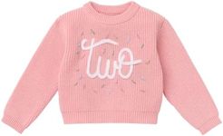 IDOPIP Toddler Baby Boys Girls First 2nd Birthday Christmas Outfit Two Embroidery Sweater Top Long Sleeve Pullover Knit Crewneck Sweatshirt Fall Winter Clothes for Cake Smash Photo Pink Two 2 Years