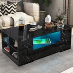 High Gloss Coffee Table for Living Room, Coffee Tables Wooden Centre Tea Table with Led RGB Lights 2 Drawer Storage and Open Shelf Rectangle Coffee End Table for Home Office Furniture, Black Marble