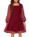 Arshiner Girls Dresses Long Sleeve Square Neck Swiss Dot Casual Flowy Dress