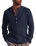 LVCBL Men's Shirt Long-Sleeved Linen Shirt Summer with Pockets Party Navy XL